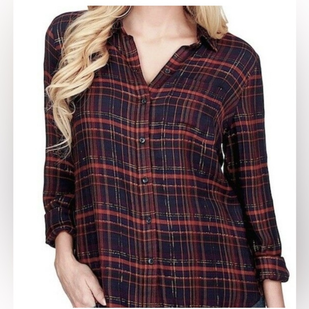 Lucky Brand Plaid Rayon Button Front Top Size Small
